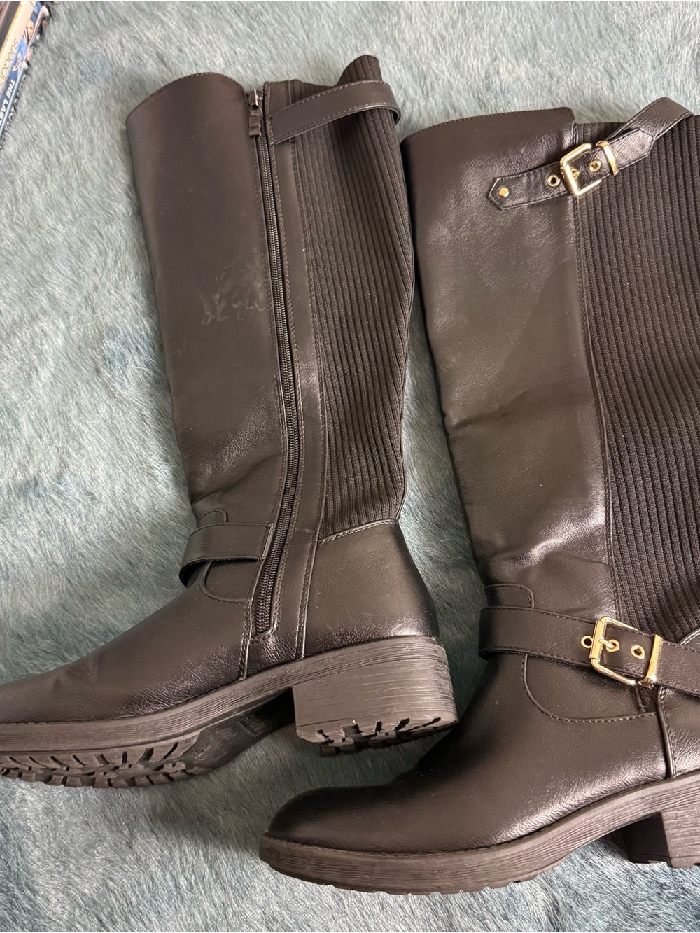 Dream Pairs Black Mid-Calf Riding Boots with Buckle Accents